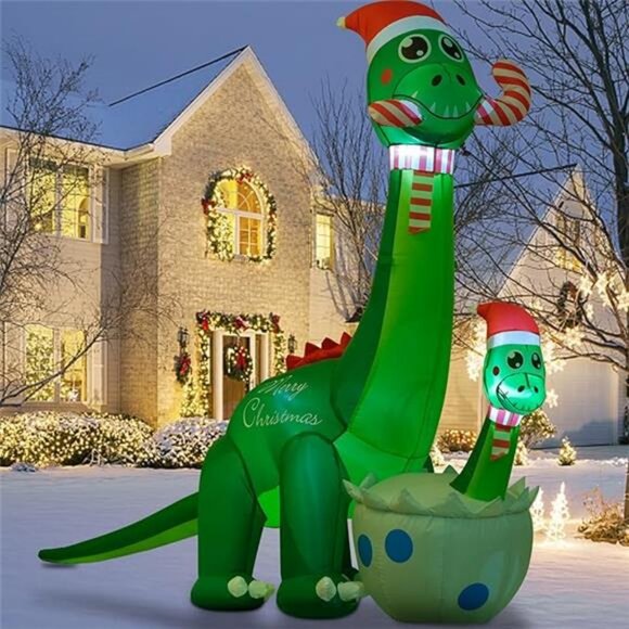 8 Feet Lighted Christmas Inflatable Santa Claus Dinosaur  8 FT Christmas Inflatables Outdoor Decorations Inflatable Christmas Dinosaur